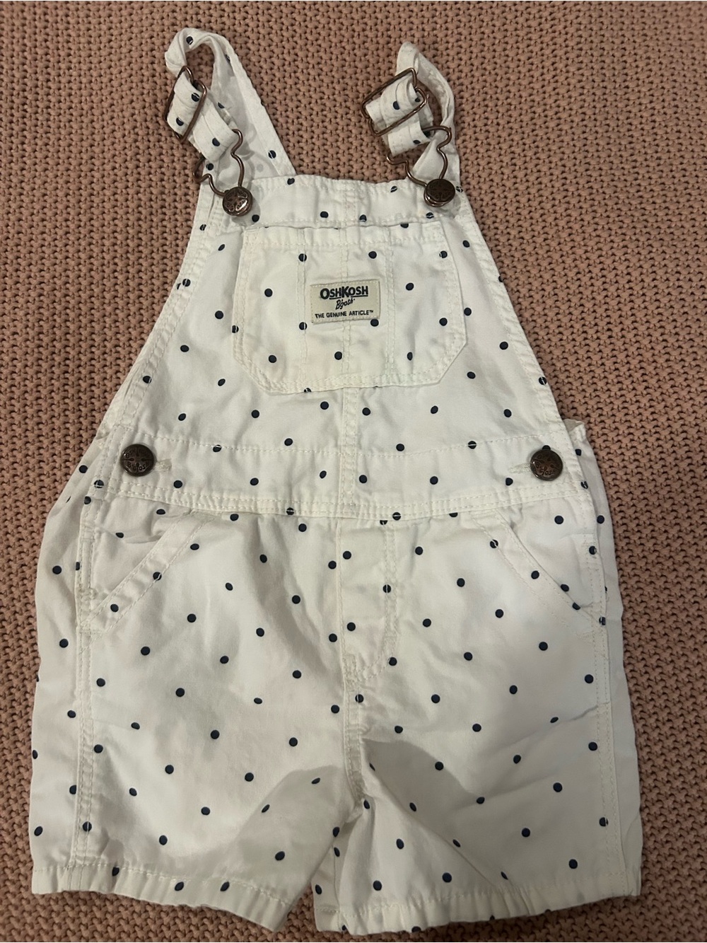 OshKosh B'gosh White Polka Dot Shortall Overalls with Navy Dots 2T